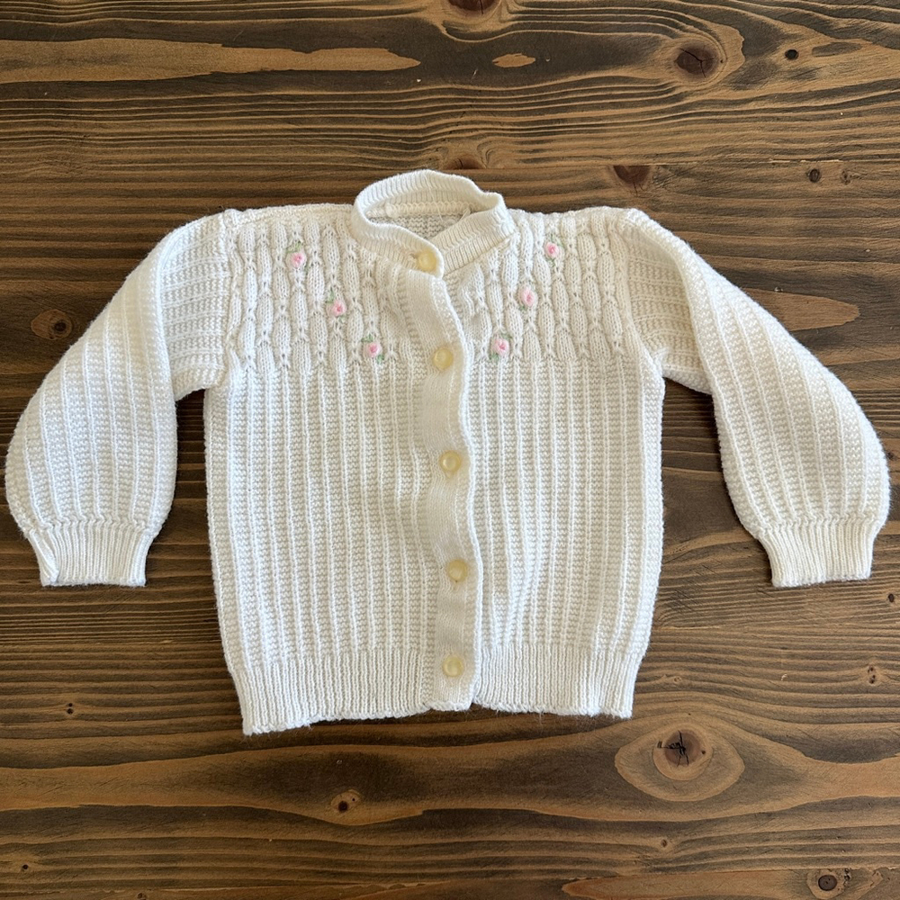 Baby Sears & Roebuck White Knit Cardigan Sweater Pink Floral 12 Months Vintage